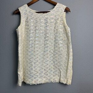 Vintage 60s Sequin Shell Top Cream Zigzag Sleeveless Blouse Back Zip Lined Sz Lg